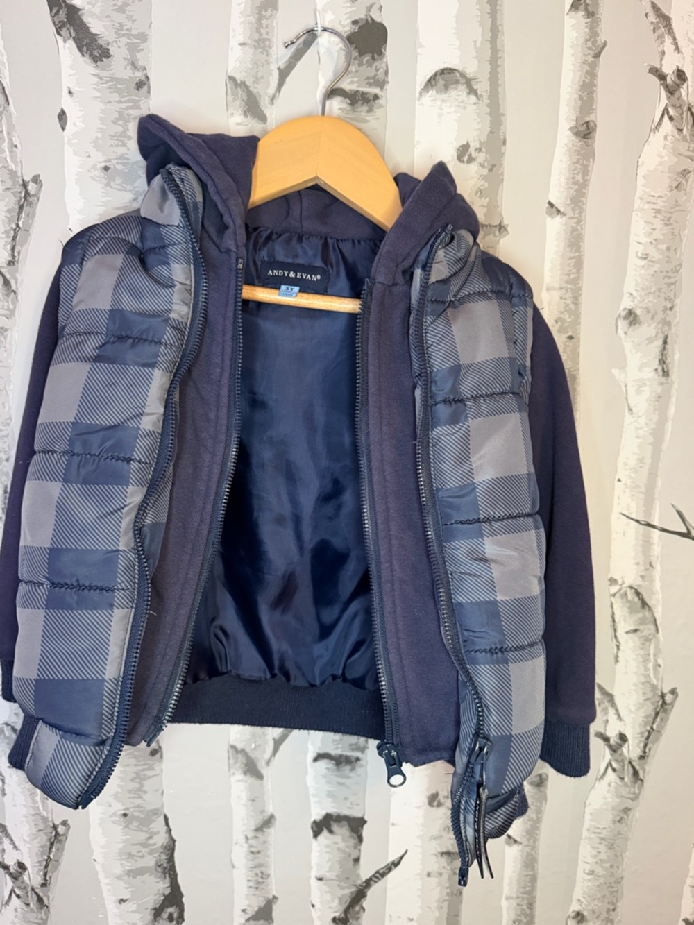 Andy & Evan Navy & Gray Plaid Puffer Hoodie Jacket - Kids